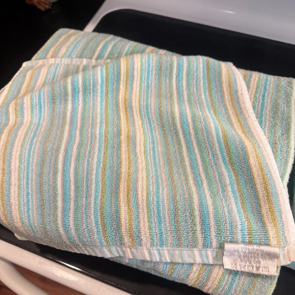 Soho Living Bath Towel Set 9 Piece Blue Green Striped 100% Cotton Coastal